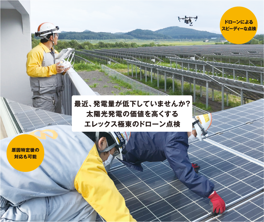 最近、発電量が低下していませんか?
太陽光発電の価値を高くする
エレックス極東のドローン点検