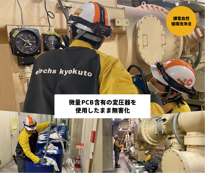課電自然循環洗浄法
微量PCB含有の変圧器を使用したまま無害化